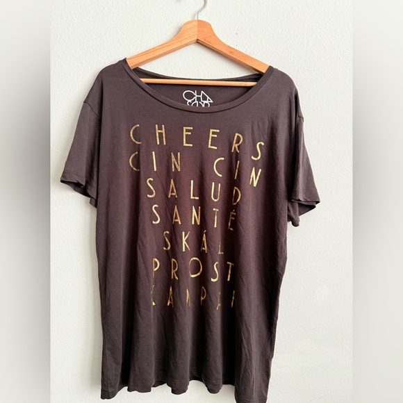 Chaser Tops - Chaser Chocolate Brown Graphic T-Shirt with Gold Cheers Print